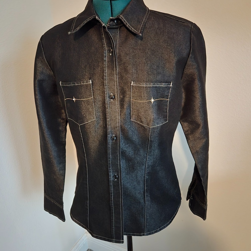 New York & Company Womens Black Denim Western Shirt Size Medium Country Rodeo